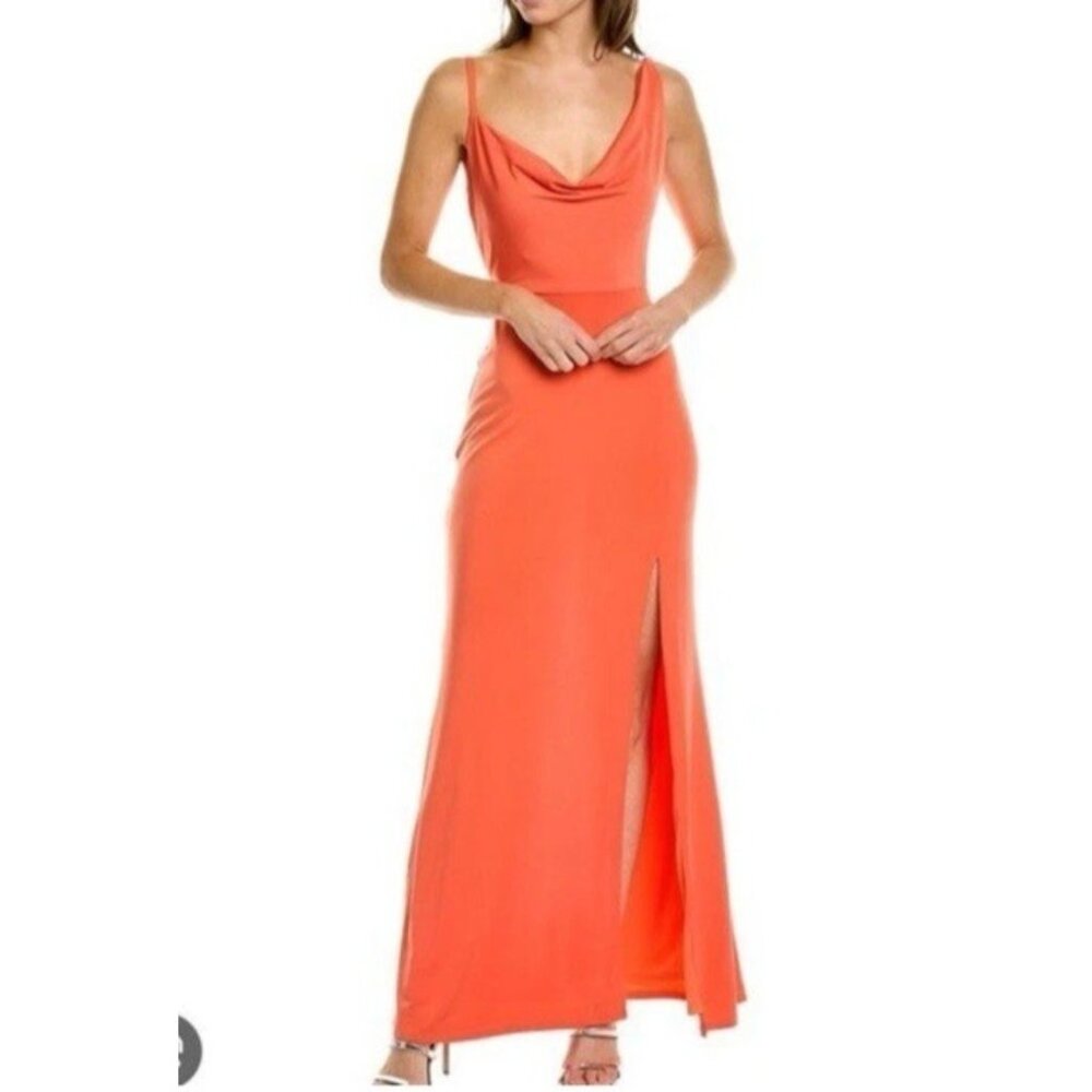 Shelli Segal Laundry Maxi Dress 10 Coral Orange Cowl Neck Stretchy NEW